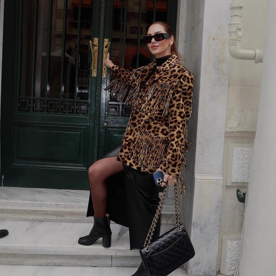 Damen Kurzer Kunstfell-Blouson mit Leopardenprint und Fransen Nord Taschen