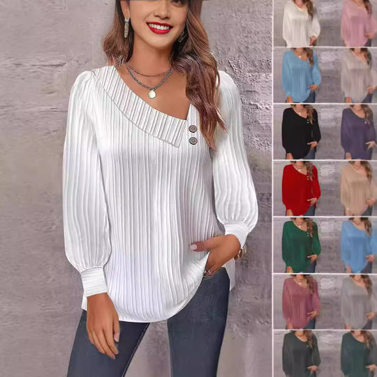 Damen Plissee-Bluse mit asymmetrischem Ausschnitt und Knopf-Details