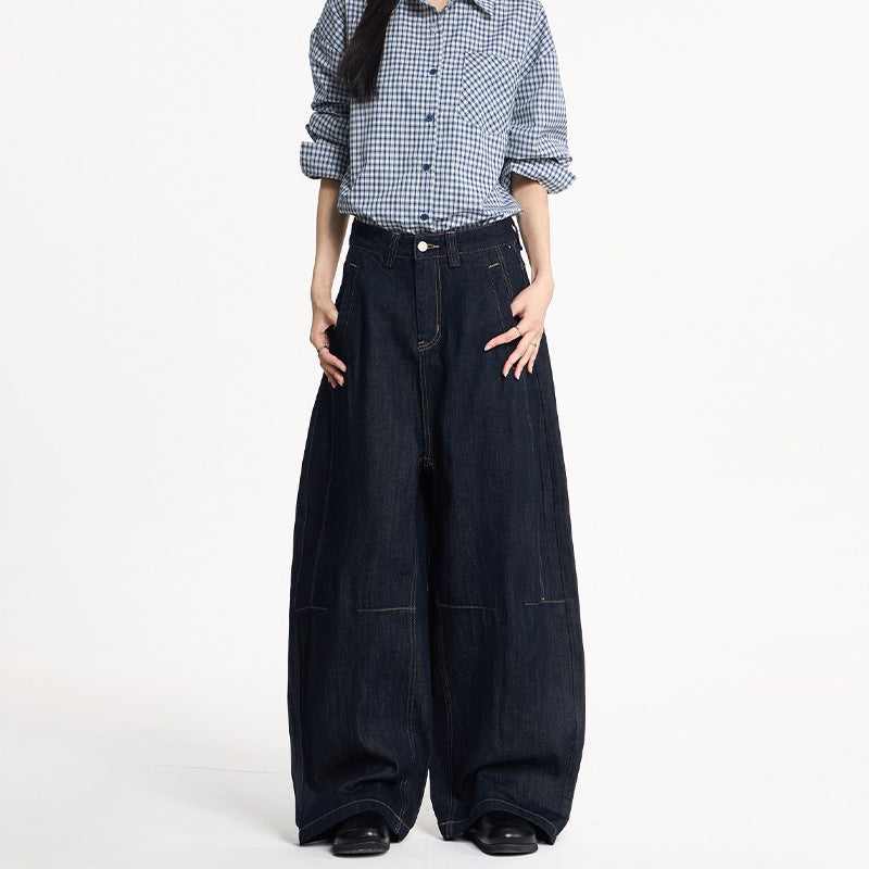 Damen Extraweite High‑Waist Denim‑Hose mit bodenlangem weitem Bein Nord Taschen