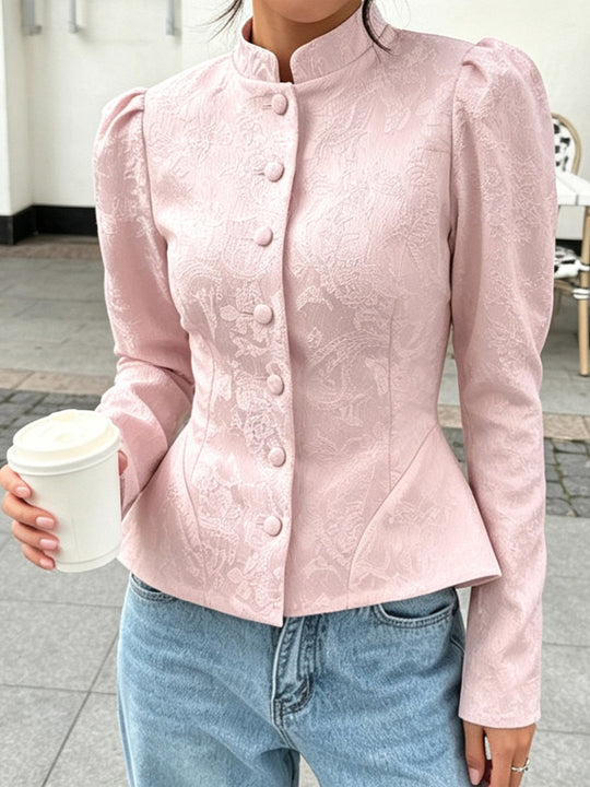 Damen taillierte Jacquard‑Bluse mit Stehkragen und dekorativer Knopfleiste Nord Taschen