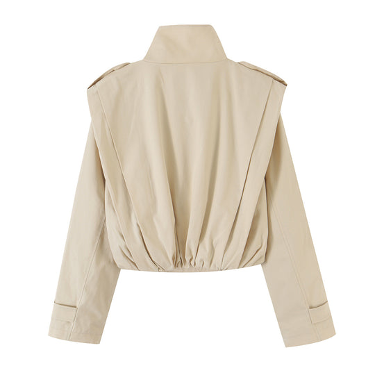 Damen Cropped Doppelreihiger Trench‑Blouson mit Stehkragen und taillierendem Gummizug Nord Taschen