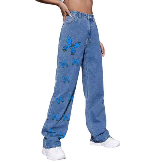 Damen Weite Jeanshose mit Schmetterlings-Print Nord Taschen