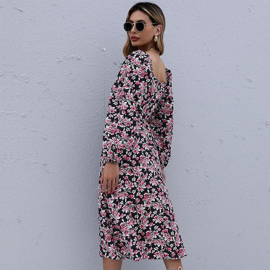 Damen Midikleid mit floralem Stufenrock, gerafftem Ausschnitt & Taillenzug Nord Taschen