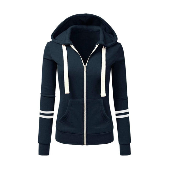 Damen Kapuzenjacke mit Reißverschluss, Kängurutasche und Kontraststreifen Nord Taschen