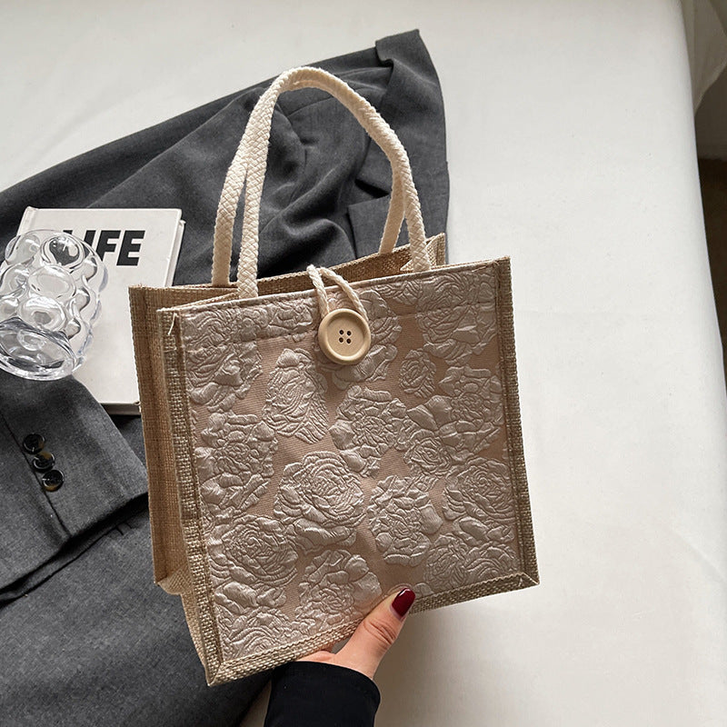 Damen Jute-Tasche mit elegantem Blütenmuster und praktischem Knopfverschluss Nord Taschen