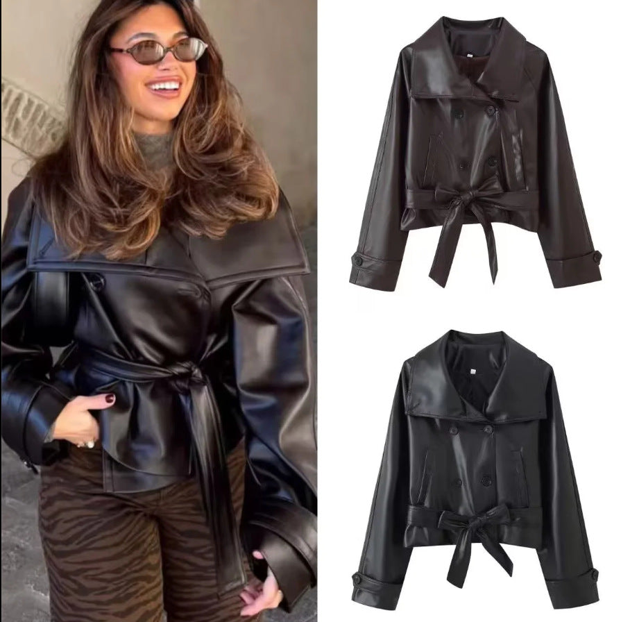 Damen 100+ Cropped Kunstleder-Trenchblouson mit doppelreihiger Knopfleiste und Taillengürtel Nord Taschen