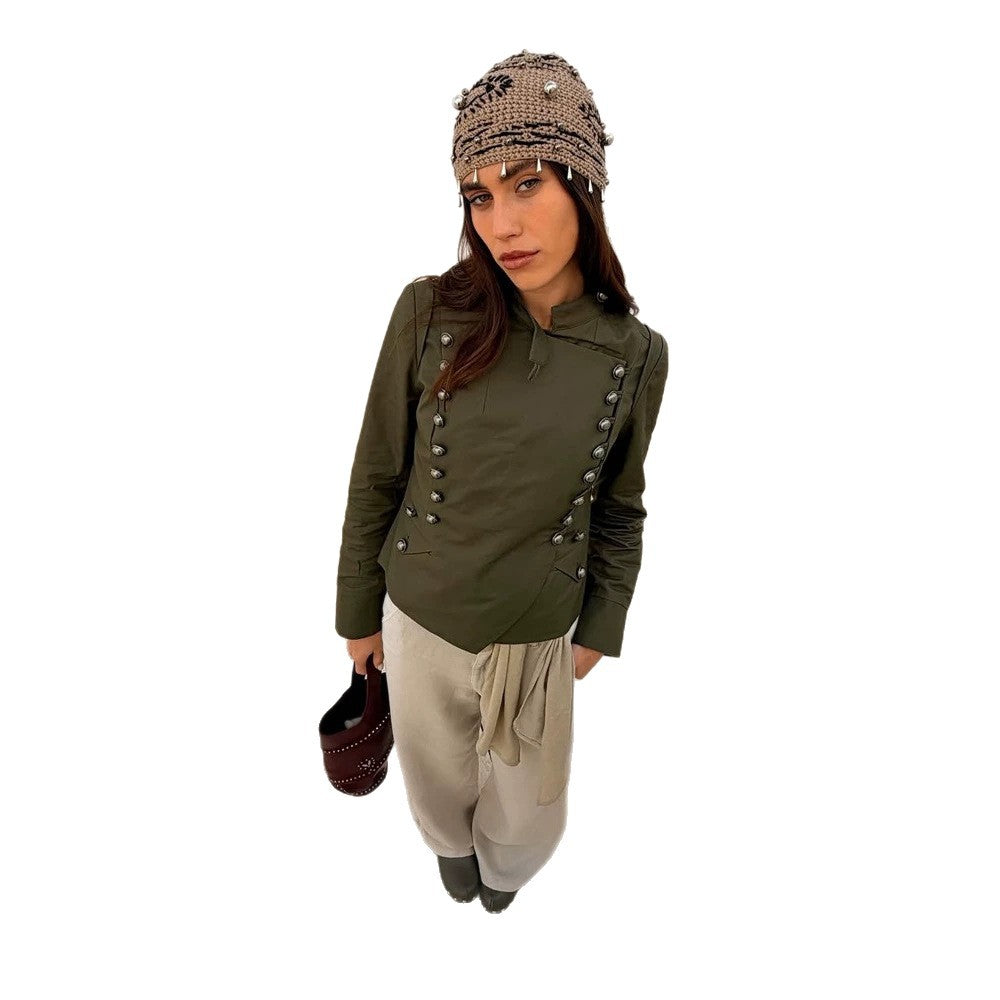 Damen Militärinspirierte Kurzjacke mit Stehkragen und Zierknopfleiste Nord Taschen