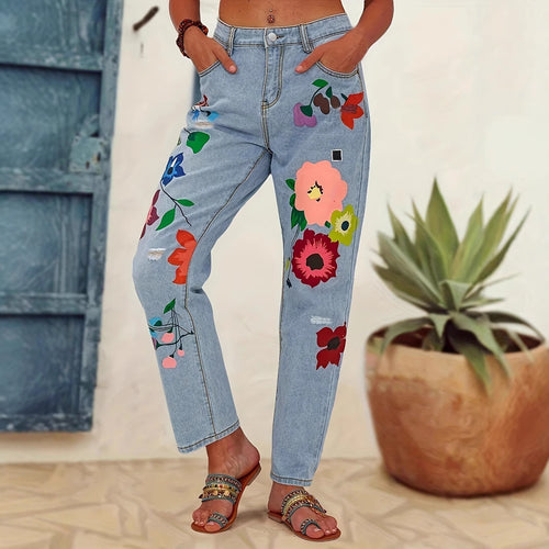 Damen Gerade geschnittene Jeans mit bunten Blumenapplikationen und leichten Destroy-Details Nord Taschen
