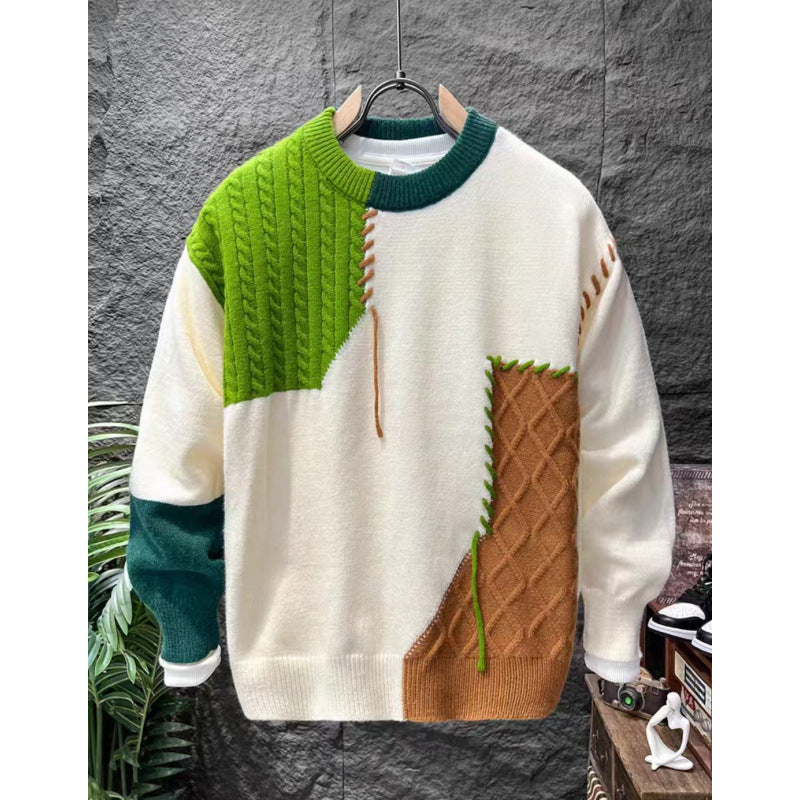 Unisex Patchwork-Oversize-Strickpullover mit Zopf- und Rautenmuster, dekorativen Kontrastnähten und Rundhalsausschnitt Nord Taschen