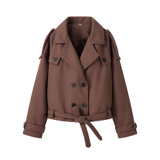 Damen Kurz geschnittener Oversize-Wollmix-Peacoat mit weitem Revers und Bindegürtel Nord Taschen
