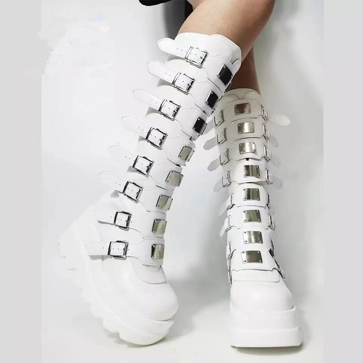 Damen Plattform Stiefel mit modischem Schnallen-Design und stabiler Sohle