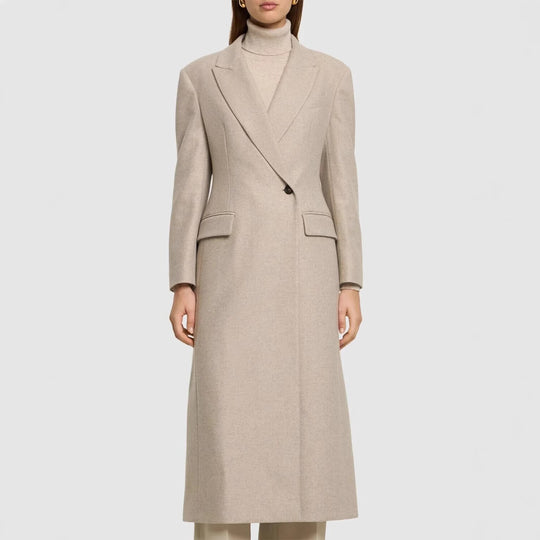 Damen Taillierter Longline Wollmixmantel mit schlanker Silhouette und Einreihiger Knopfleiste Nord Taschen