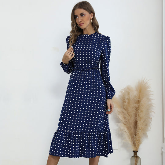Damen Midikleid im Retro-Polka-Dot-Stil mit Stehkragen, taillierter Raffung und Volant Nord Taschen