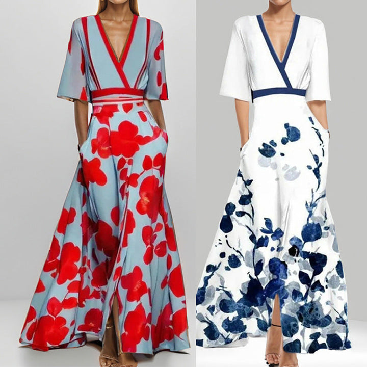 Elegantes V-Ausschnitt Bedrucktes Taillenkleid mit Schößchen
