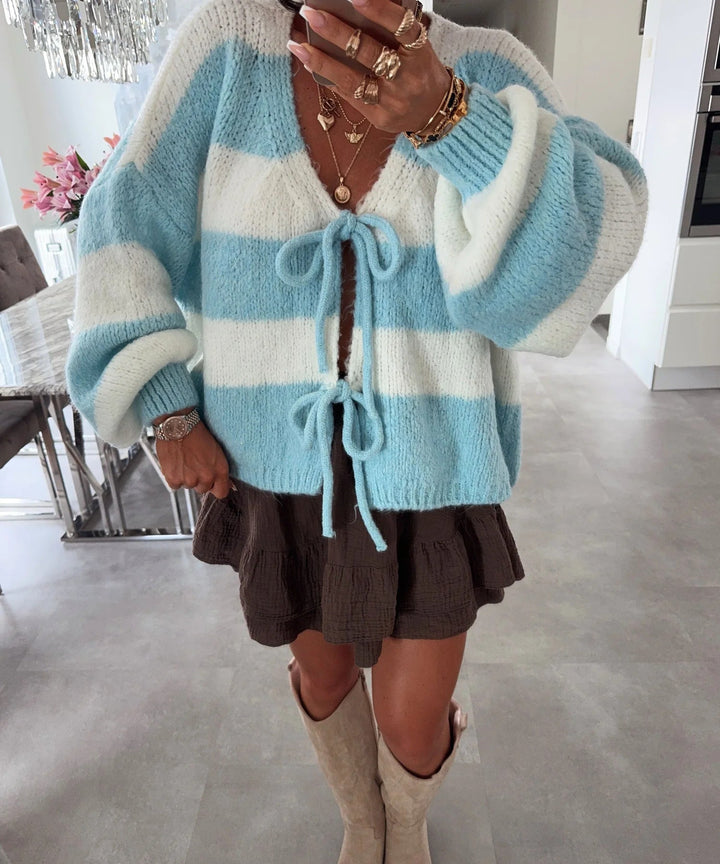 Damen lockere Strickjacke mit breiten Streifen und Bindegürtel