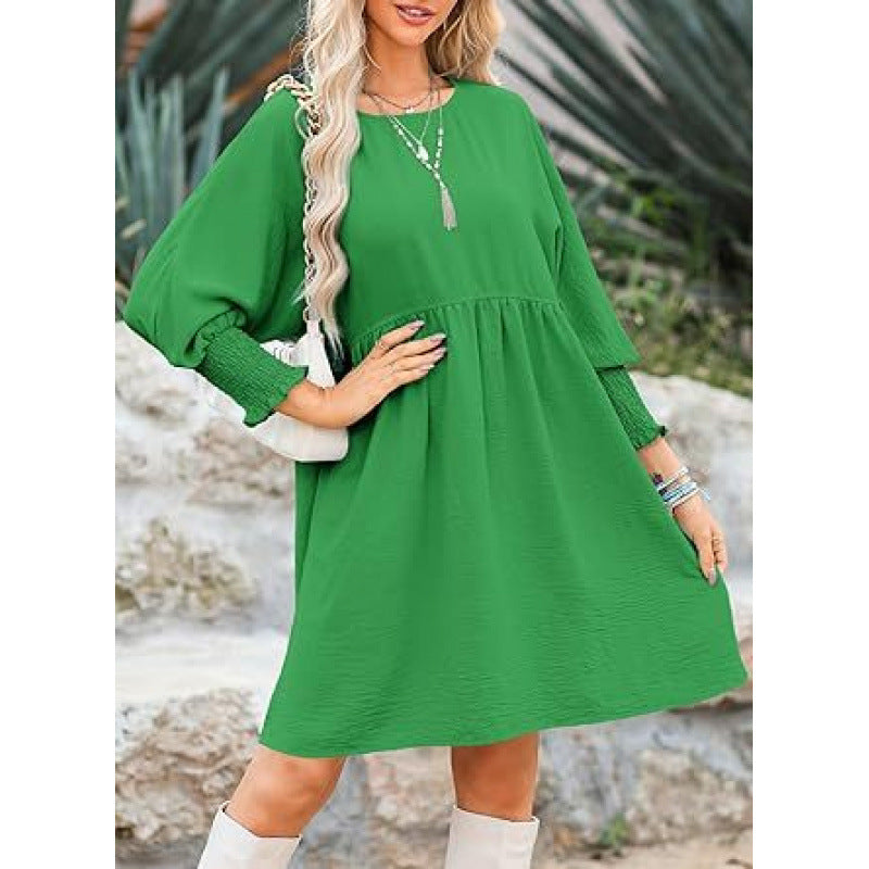 Damen Lockeres Babydoll-Kleid mit Ballonärmeln und geraffter Taille Nord Taschen