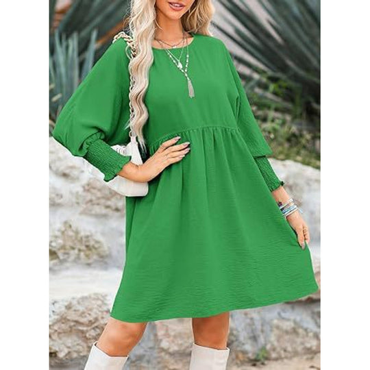 Damen Lockeres Babydoll-Kleid mit Ballonärmeln und geraffter Taille Nord Taschen