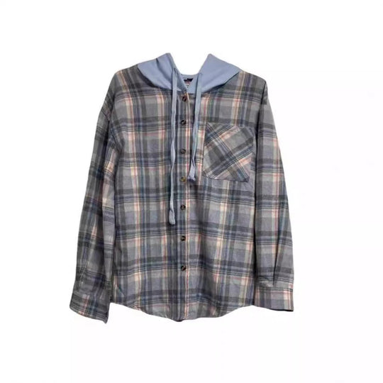 Damen nostalgische Karobluse mit Kapuze und Knopfverschluss