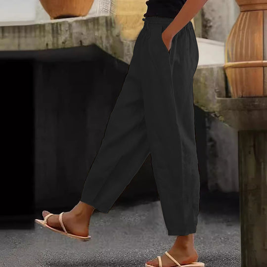 Damen Leinen-Mischung Cropped-Hose mit elastischem Bund, Kordelzug und Seitentaschen Nord Taschen