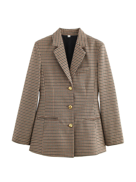 Damen karierten Blazer mit goldenen Knöpfen und praktischen Taschen Nord Taschen