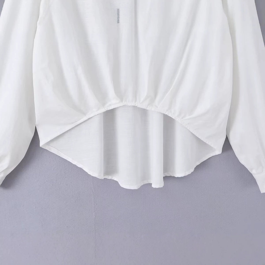 Damen Weite Bluse mit V‑Ausschnitt, Hemdkragen und gerafftem Hoch-Tief-Saum Nord Taschen
