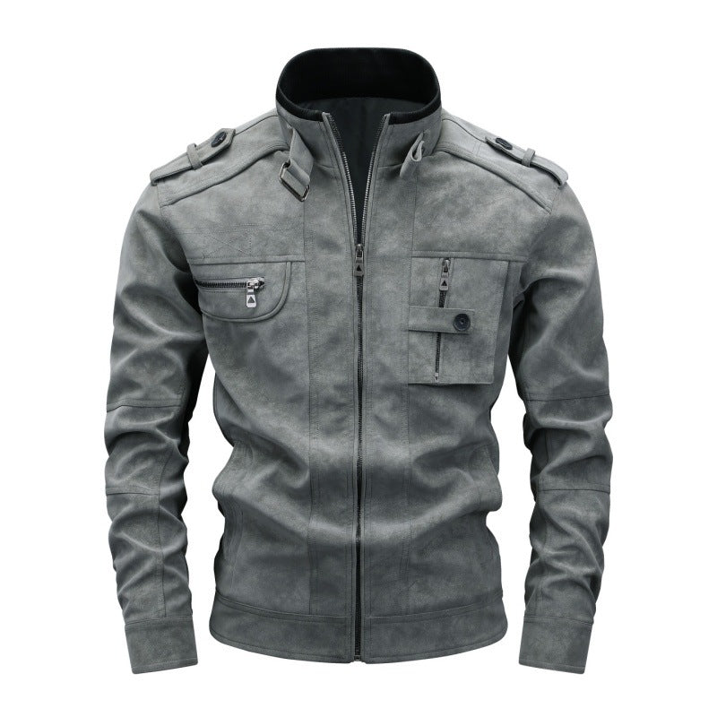 Herren Wildlederoptik-Fieldjacke mit Stehkragen, Schulterklappen und multiplen Reißverschlusstaschen Nord Taschen