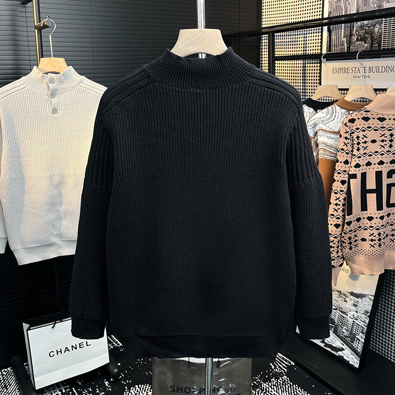 Herren Grobstrick-Pullover mit halber Knopfleiste und hohem Stehkragen Nord Taschen