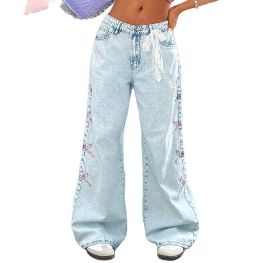 Damen weite High-Waist Denim-Jeanshose mit Spitzenband-Gürtel und ausgestelltem Bein Nord Taschen