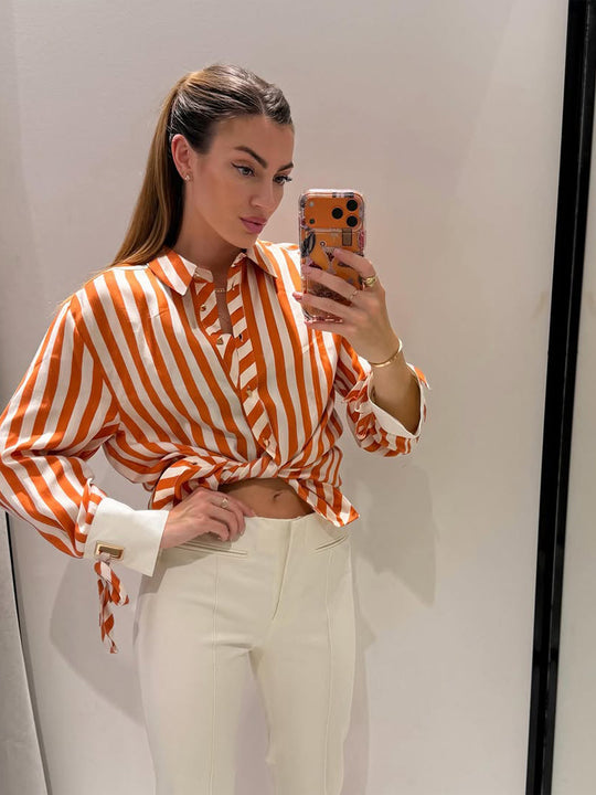 Damen Gestreifte Oversize-Hemdbluse mit kontrastierenden Manschetten & Knotenabschlüssen Nord Taschen