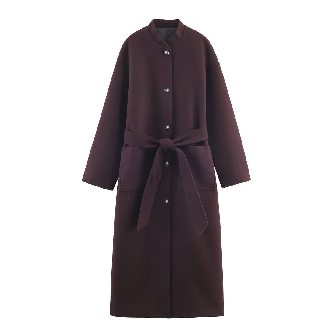 Damen Langer minimalistischer Wollmix-Kimono-Mantel mit Bindegürtel Nord Taschen