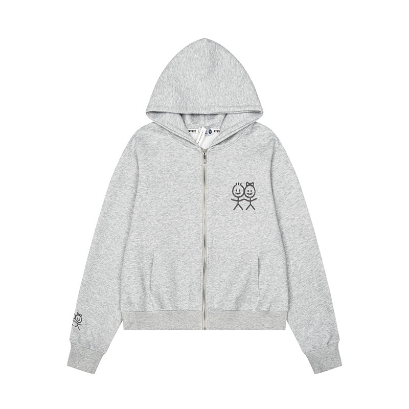 Damen Kapuzensweatjacke mit durchgehendem Reißverschluss leichter French‑Terry Stickfigur‑Print und Kängurutaschen Nord Taschen