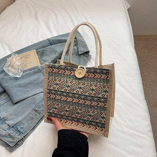 Damen Jute-Tragetasche mit dekorativem Ethno-Muster Nord Taschen