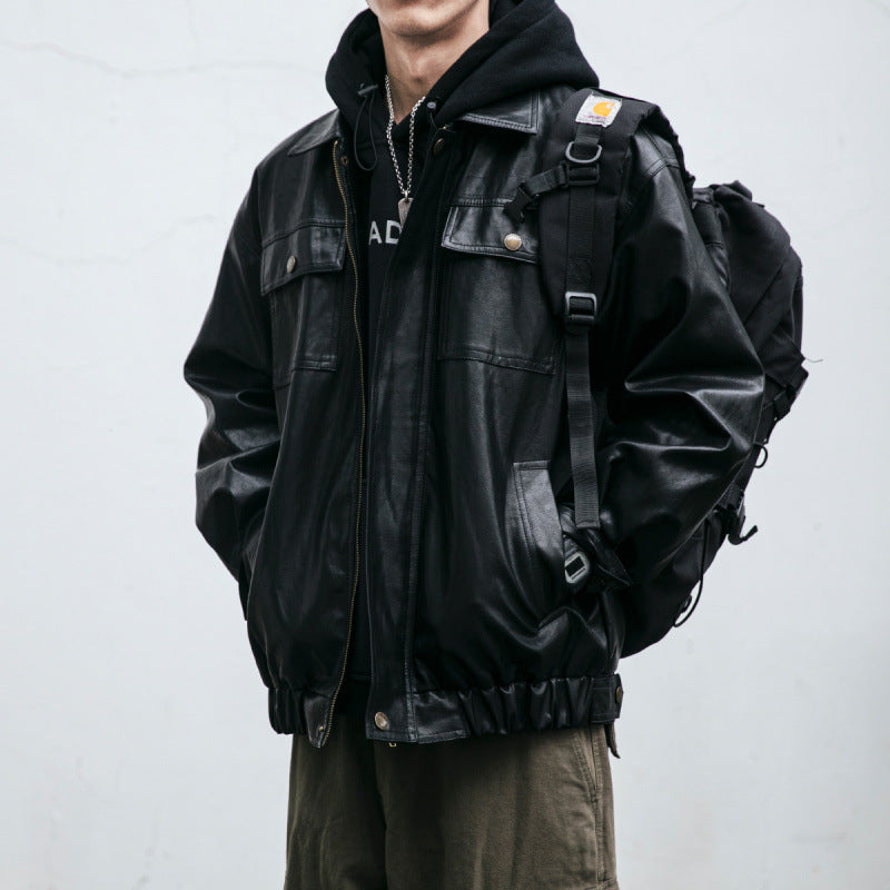 Herren Oversized Lederoptik-Utility-Jacke mit Pattentaschen und elastischem Saum Nord Taschen