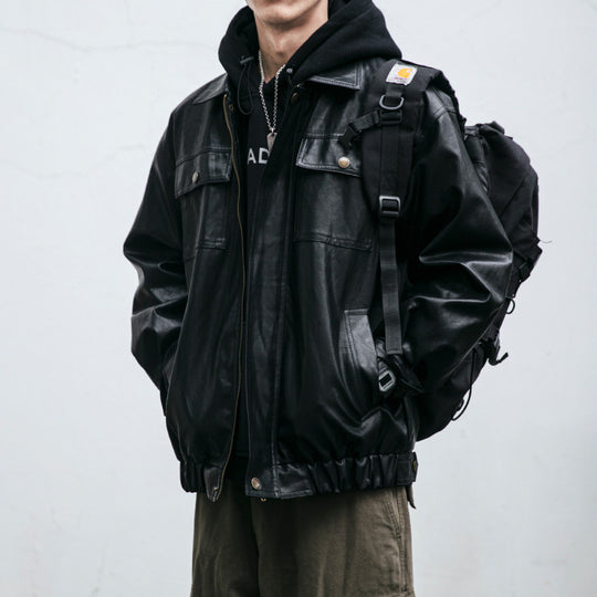Herren Oversized Lederoptik-Utility-Jacke mit Pattentaschen und elastischem Saum Nord Taschen