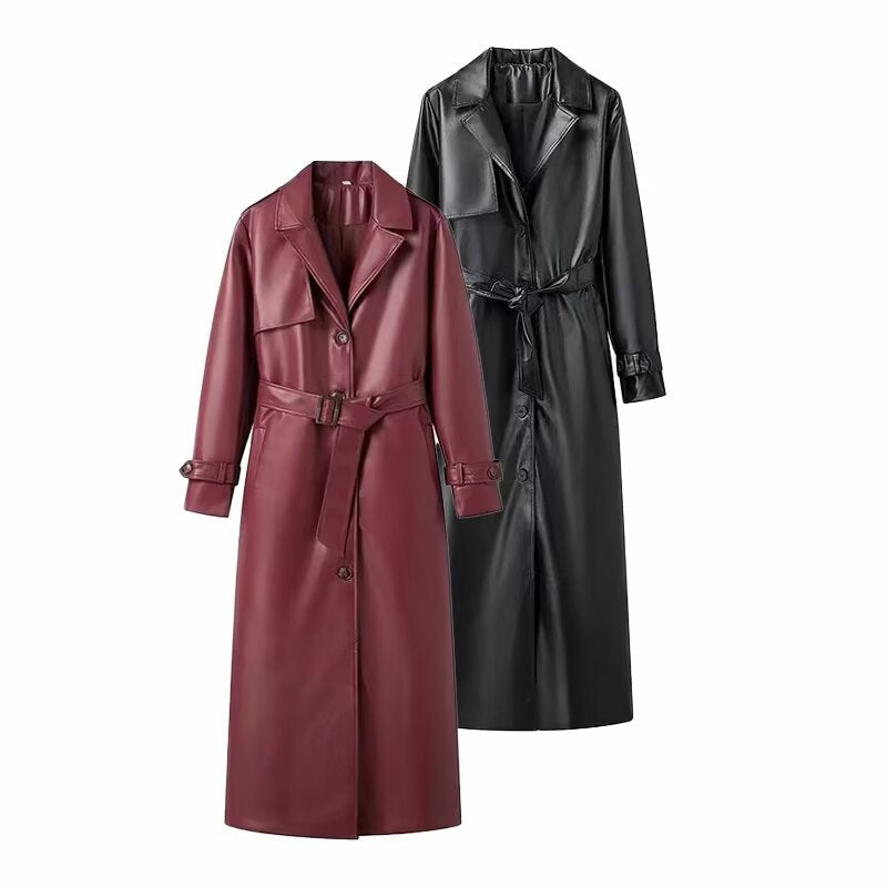 Damen 100+ langer oversize Kunstleder‑Trenchcoat mit Taillengürtel und weitem Revers Nord Taschen