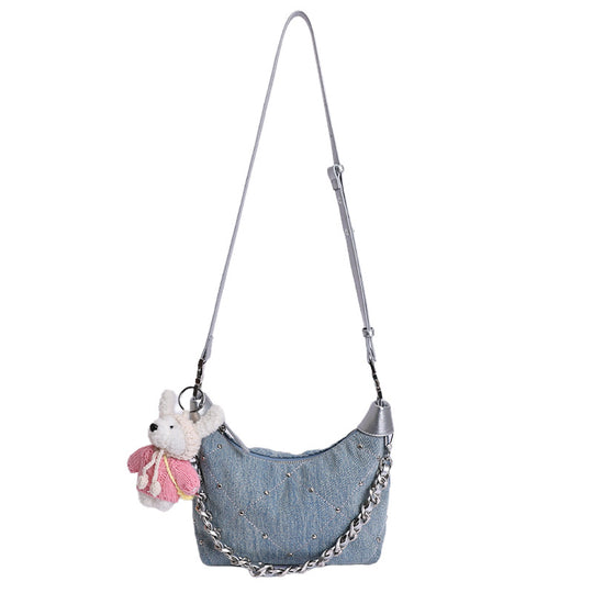 Damen modische Denim Umhängetasche mit Kettenriemen und Plüschanhänger Nord Taschen