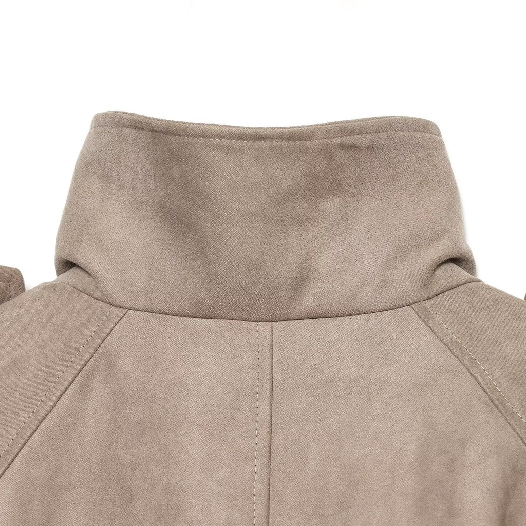 Damen Cropped Cape‑Trenchjacke in Veloursoptik mit hohem Stehkragen, Epauletten und doppelreihiger Knopfleiste Nord Taschen