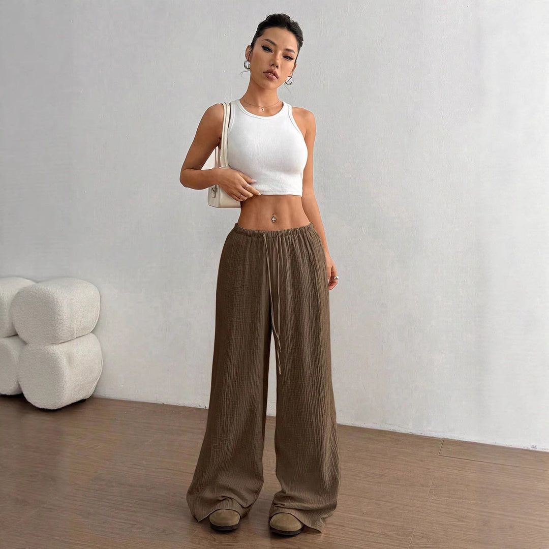 Damen Leichte Leinenoptik-Hose mit weitem Bein, Gummibund und Tunnelzug Nord Taschen