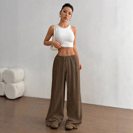 Damen Leichte Leinenoptik-Hose mit weitem Bein, Gummibund und Tunnelzug Nord Taschen