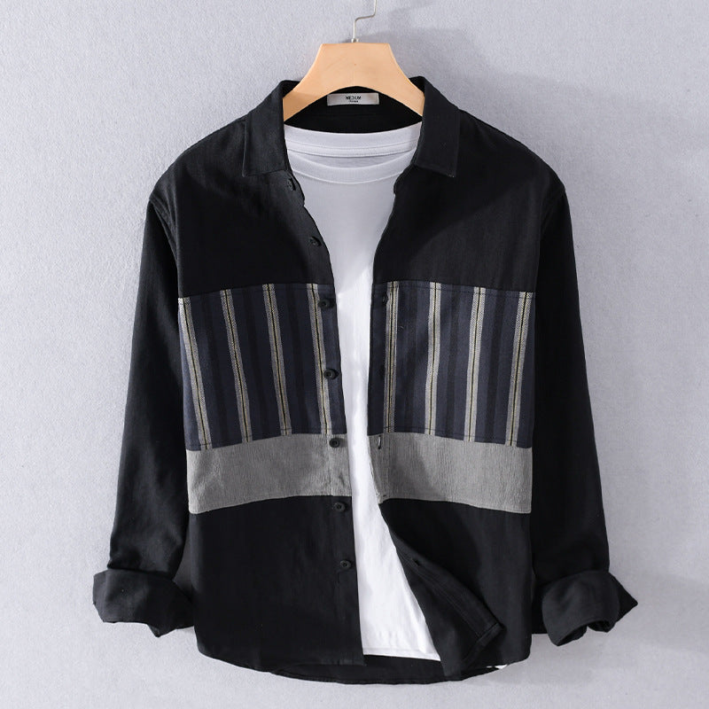 Herren Leichtes Baumwoll-Overshirt mit eingewebten Streifenpanelen und Kentkragen Nord Taschen