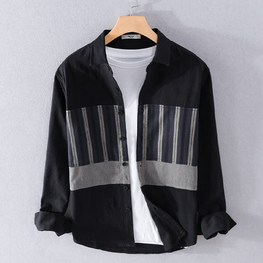 Herren Leichtes Baumwoll-Overshirt mit eingewebten Streifenpanelen und Kentkragen Nord Taschen