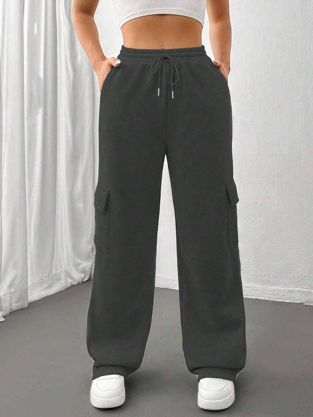 Damen Cargo-Jogginghose mit hohem Elastikbund, Kordelzug und weitem Bein Nord Taschen