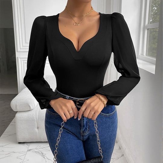 Damen Figurbetonter Body mit Herzausschnitt, Puffärmeln und transparenten Chiffon‑Ärmeln Nord Taschen