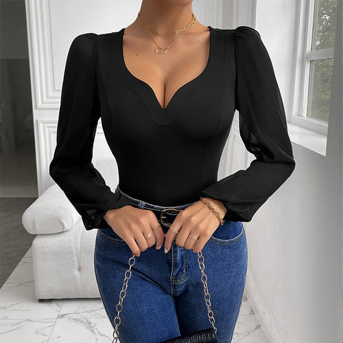 Damen Figurbetonter Body mit Herzausschnitt, Puffärmeln und transparenten Chiffon‑Ärmeln Nord Taschen