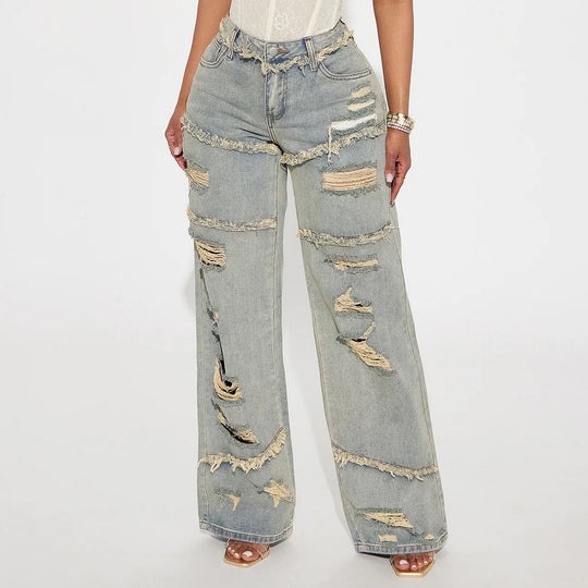 Damen Hochtaillierte Oversize-Jeans mit weitem Bein und ausgefransten Rissen Nord Taschen
