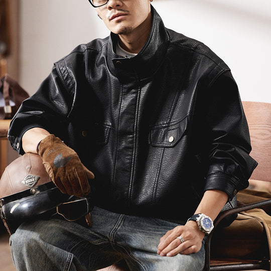 Herren Oversized Kunstlederjacke im Worker-Look mit Pattentaschen Nord Taschen