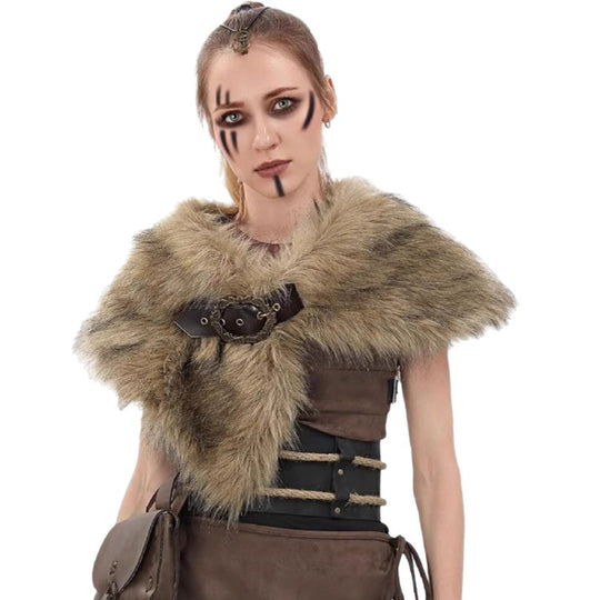 Damen Wikingerin inspiriertes Fantasy‑Kostüm mit Kunstpelz‑Schultercape, Taillengürtel und Ledertasche Nord Taschen
