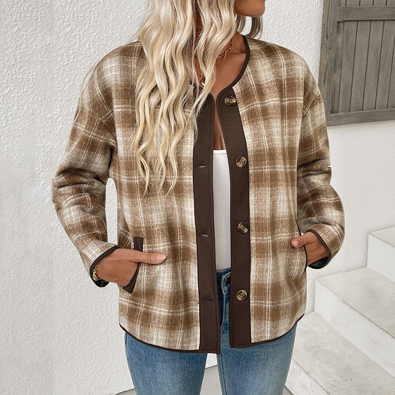 Damen Kariertes Übergangsjacke mit Rundhals, Kontrastbesatz und Knopfleiste Nord Taschen