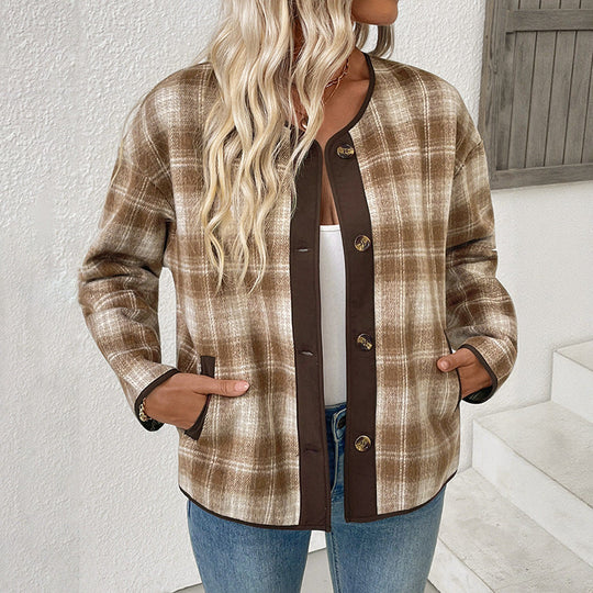 Damen Kariertes Übergangsjacke mit Rundhals, Kontrastbesatz und Knopfleiste Nord Taschen