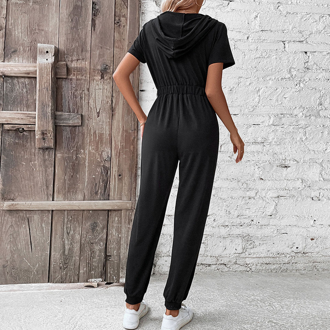 Damen moderner Kurzarm-Jumpsuit mit praktischen Taschen und Kapuze